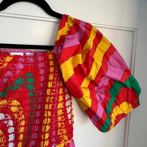 Rhode Flare Mini Dress Printed Smocked Bodice Puff Sleeve Square Neck Multicolor - Picture 4 of 5